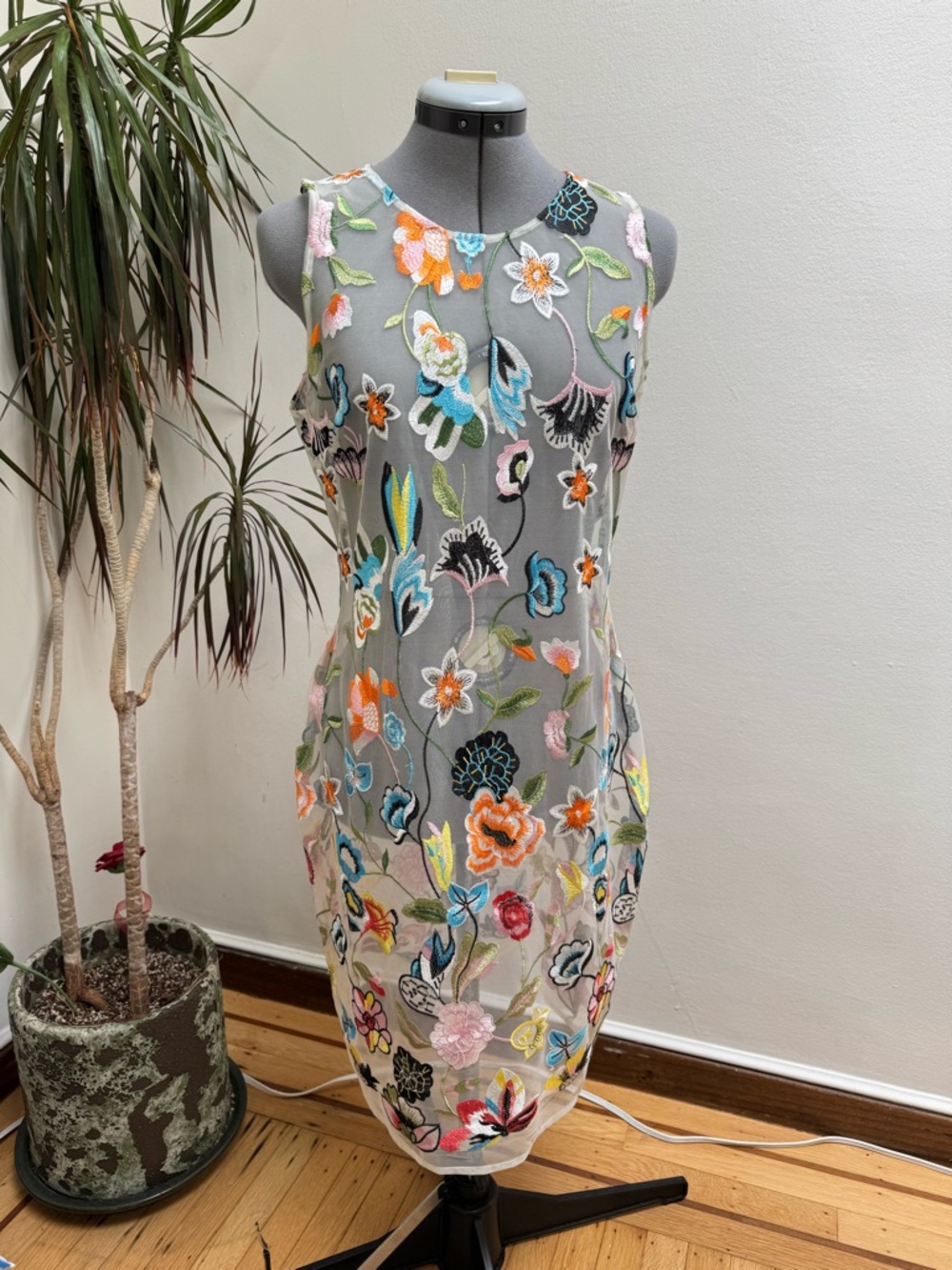 Floral Embroidered Mesh Sheath Dress - Sheer Overlay Sleeveless